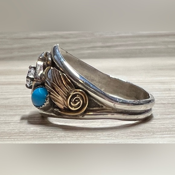 Vintage Designer S. Ray Sterling Silver & Gold Turquoise & CZ Ring, Size 11 - Picture 3 of 10